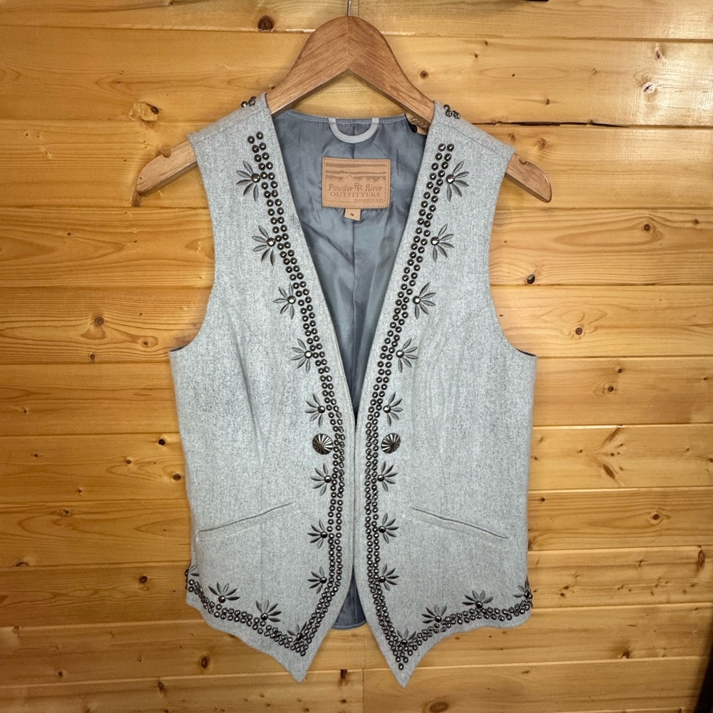 Vintage Powder River Panhandle Slim Gray Embroidered Silver Studded Vest